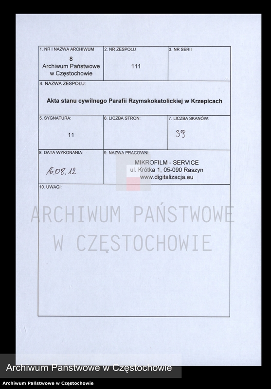 image.from.unit.number "Księga [akt] małżeństw gminy Krzepickiej na rok 1816"