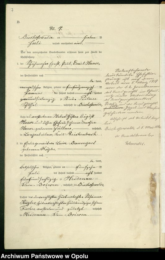 Obraz 11 z jednostki "Heiraths-Haupt-Register des Standsamts Bischofswalde pro 1901"
