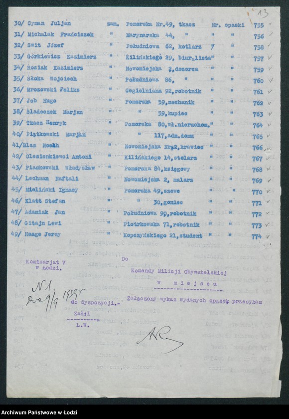 Obraz 15 z jednostki "[Akta V-go Komisariatu Milicji Obywatelskiej - rozkłady służby, spisy imienne, zapotrzebowanie na artykuły pierwszej potrzeby dla milicjantów, minuty różnych pism i dzienniki korespondencji]"