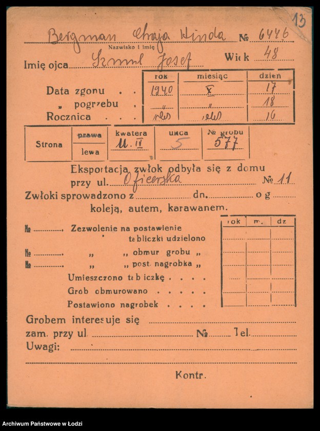 Obraz 14 z jednostki "Kartoteka osób pochowanych na cmentarzu żydowskim przy ulicy Brackiej w latach 1892-1955. Nazwiska na litery: Bergm-Berz"