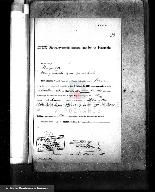 Obraz 20 z jednostki "Tartak i fabryka wyrobów z drzewa St. Urbański Urbanowo pow chodzieski nadzór nad kotłem parowym nr fabr. 3060"