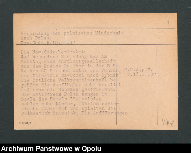 image.from.unit.number "Verbindung der polnischen Minderheit nach Polen. Now. Codz. v. 10.11.37"