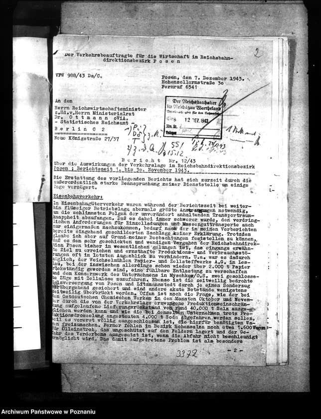 Obraz 6 z jednostki "Berichte über Auswirkungen der Verkehrslage im Reichsbahndirektionsbezirk Posen. Versorgung der bombenbeschädigten Bevölkerung. Treibstoffzuteilungen"