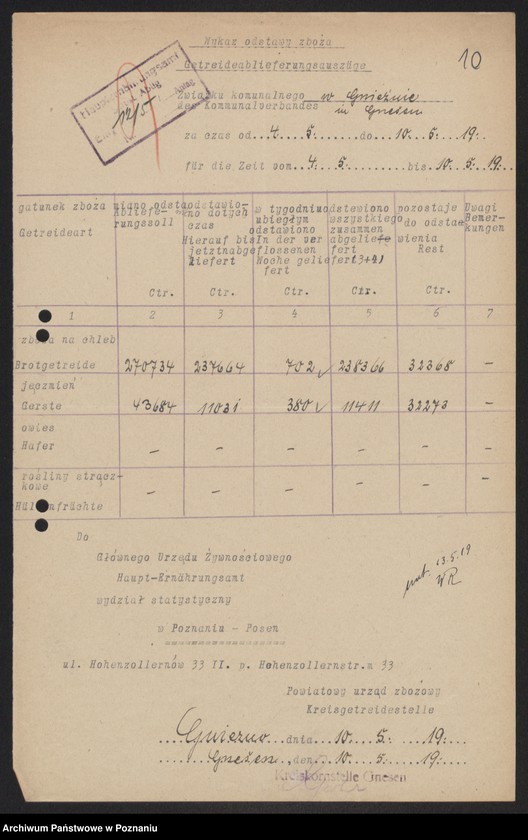 Obraz 12 z jednostki "[Wykazy odstawionego zboża przez Związek Komunalny w Gnieźnie]"