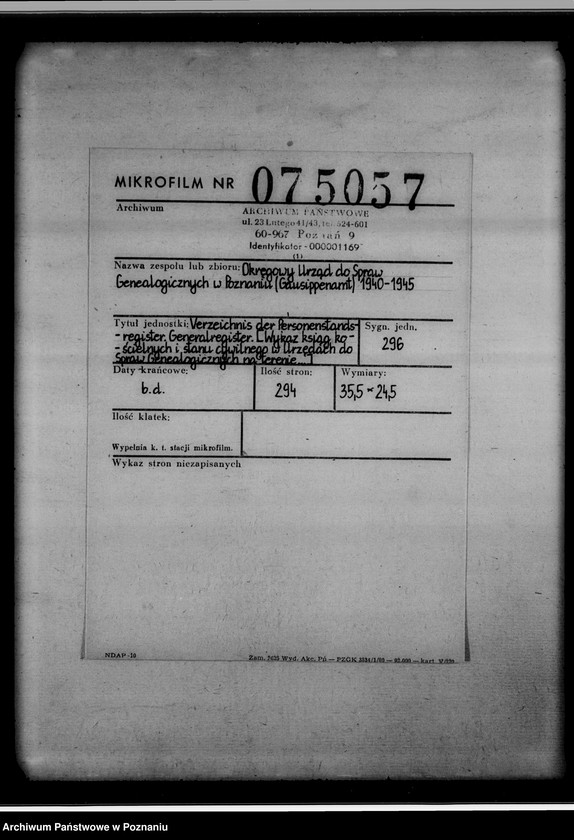 Obraz 2 z jednostki "Verzeichnis der Personenstandsregister. Generalregister. [Wykaz ksiąg kościelnych i stanu cywilnego w Urzędach do Spraw Genealogicznych na terenie tak zwanego Kraju Warty]"