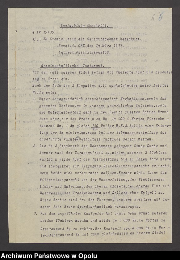 image.from.unit.number "Verfügung von Todes wegen des Maschinenbauers Emil Aust und seiner Ehefrau Marta geb[orene] Steiner in Neustadt"