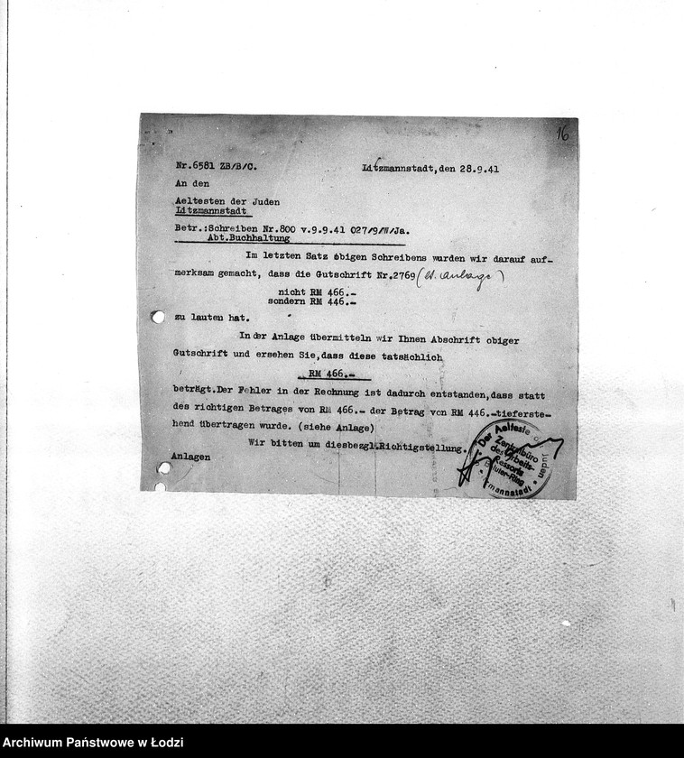 Obraz 19 z jednostki "Sonderkonto [Korespondencja PSŻ z GV w sprawach buchalteryjnych: uznanie konta za przekazane Niemcom mienie żydowskie i dostarczoną siłę roboczą w zamian świadczeń ze strony GV]"