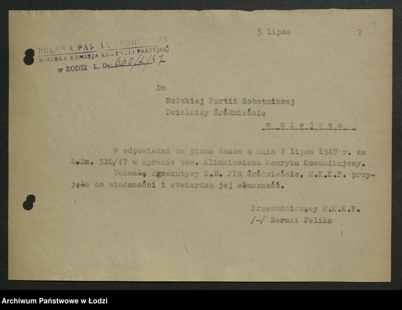 Obraz 15 z jednostki "Korespondencja Miejskiej Komisji Kontroli Partyjnej t. II"