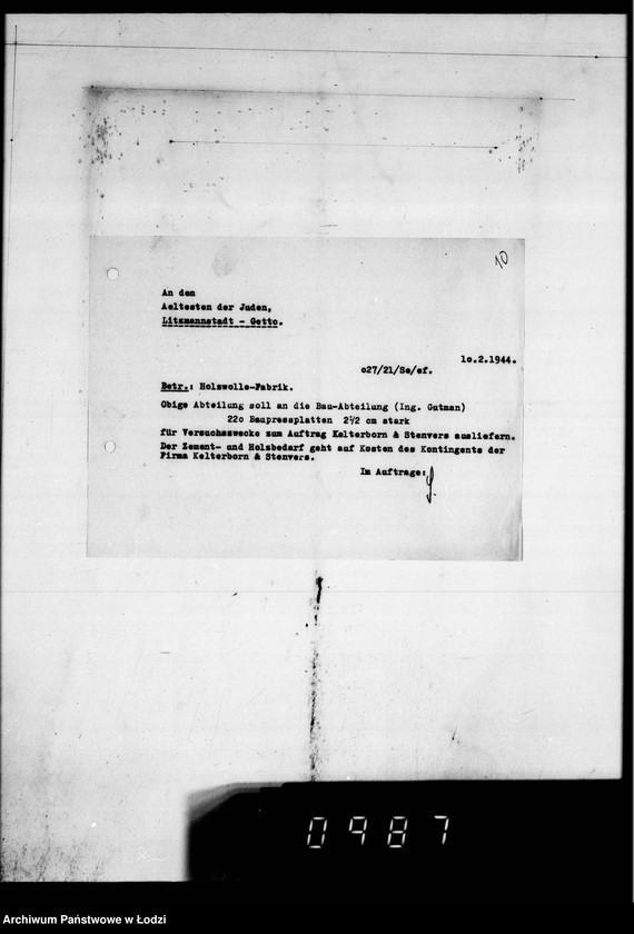 Obraz 15 z jednostki "Post an den Ältesten der Juden D.W.H.[Korespondencja dotycząca różnych prac w Getcie]"