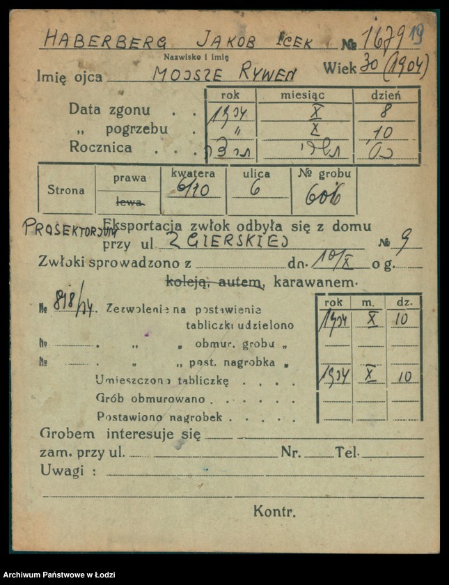 Obraz 20 z jednostki "Kartoteka osób pochowanych na cmentarzu żydowskim przy ulicy Brackiej w latach 1892-1961. Nazwiska na litery: Ha-Helme"
