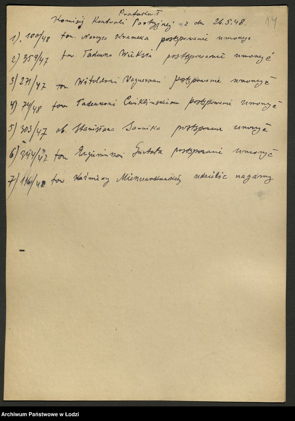 Obraz 15 z jednostki "Protokoły posiedzeń [Wojewódzkiej Komisji Kontroli Partyjnej wraz załącznikami]"