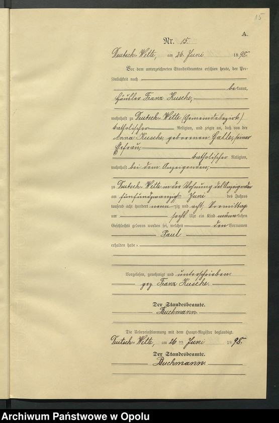 Obraz 19 z jednostki "Geburts-Neben-Register des Standesamts Deutsch Wette pro 1898"