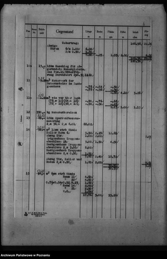 Obraz 10 z jednostki "Dienstwohngebäude - Reichsstatthalter Posen. Wirtschaftsgebäude 1 - 4 (nad jeziorem Góreckim) Massenberechnung"