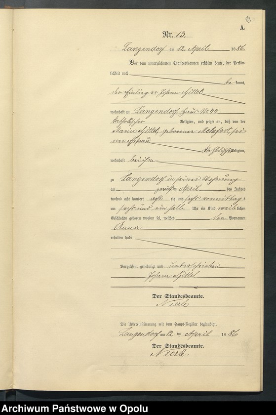 Obraz 17 z jednostki "Geburts-Neben-Register des Standesamts Langendorf pro 1886"