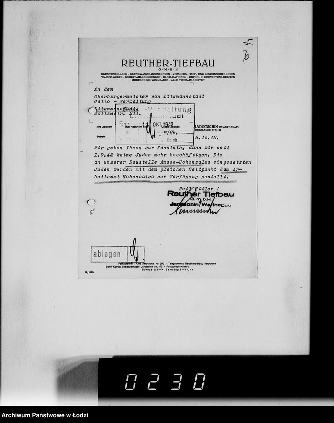 Obraz 9 z jednostki "Sonderkonto 12300. Arbeitsamt Hohensalza Lager:Amsee (Reuther- Tiefbau), Hohensalza Amsee, (Continentale Wasserwerk- Gesellschaft), Bahnhof Hohensalza (Otto Quast), Jakschitz (Otto Quast), Weidener Weiche, Reichsbahn (Otto Quast)."