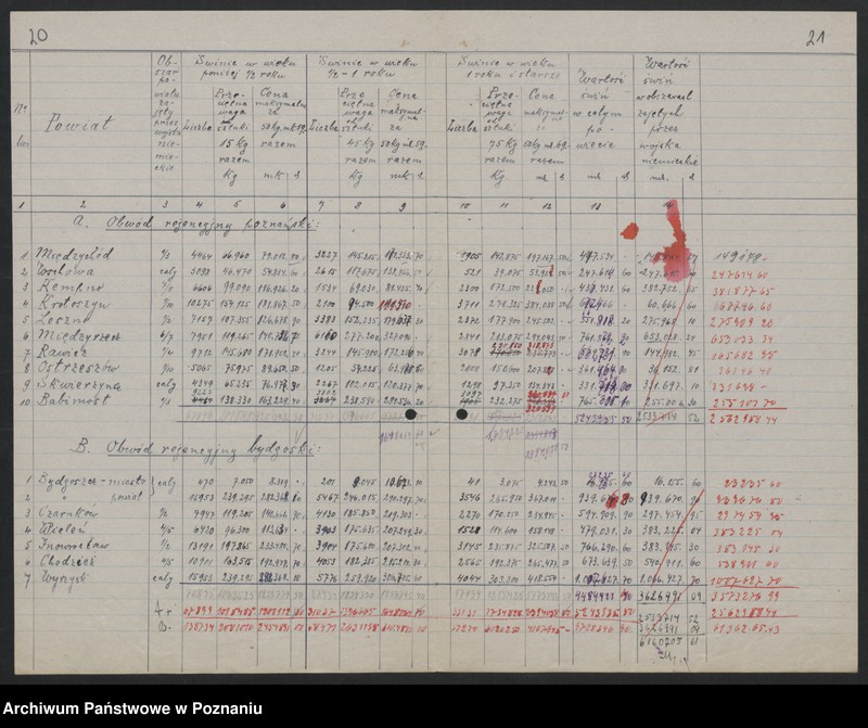 Obraz 16 z jednostki "[Dane statystyczne dotyczące płodów rolnych, trzody chlewnej i bydła zabranych przez Niemców z terenów zajętych przez nich powiatów rejencji poznańskiej i bydgoskiej]"