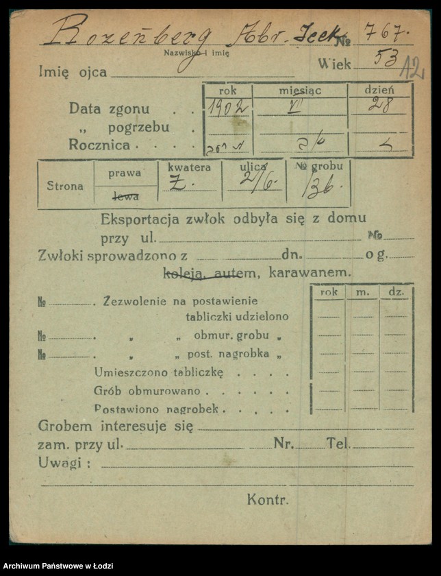 Obraz 13 z jednostki "Kartoteka osób pochowanych na cmentarzu żydowskim przy ulicy Brackiej w latach 1892-1954. Nazwiska na litery: Rozenbe-Rozenf"