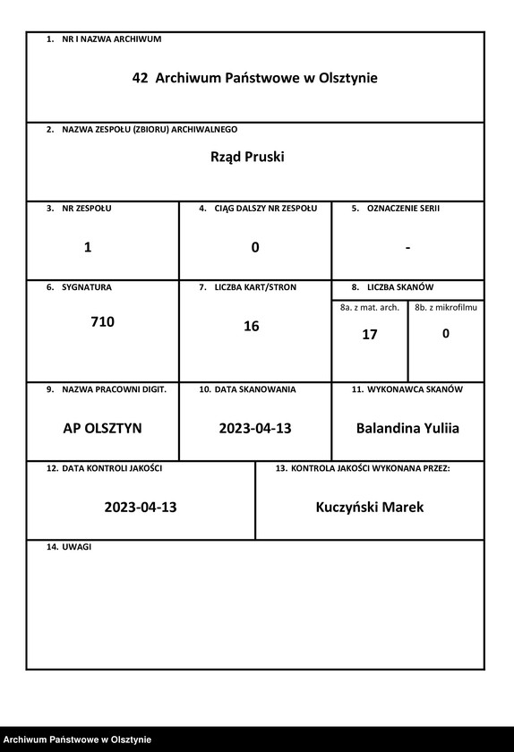 image.from.unit.number "In S. [Sachen] der Friderique Caroline Henriette geschiedene von der Oelsnitz geborene Müller wegen des in Subhastatione voluntaria erkauften Adelichen Guts Kirsteinsdorff [Kiersztanowo] H.[Haupt] Amts Osterode [Ostróda]"