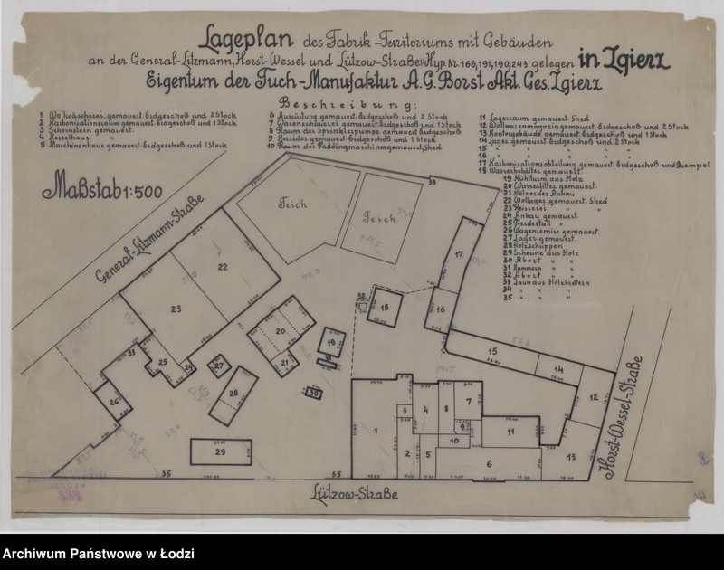 Obraz 1 z jednostki "Lageplan der Fabrik-Territoriums mit Gebäuden an der General Litzmann, Horst Wessel und Lützow Strasse 14, Hypothek Numer 166, 191, 190, 243 gelegen in Zgierz, Eigentum der Tuch-Manufaktur A.G. Borst Aktien Gesellschaft Zgierz"