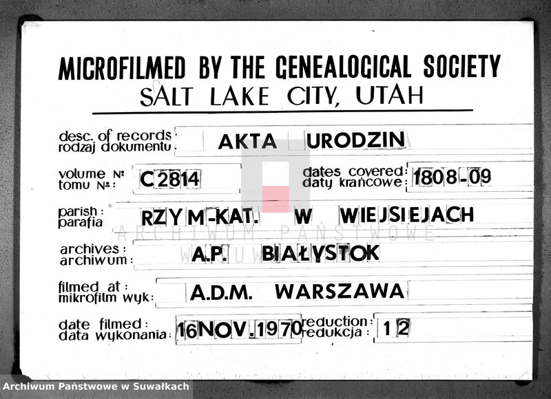 Obraz 1 z jednostki "Księga aktów cywilnych urodzenia, stosowanie do prawa W. Napoleona od dnia 1 miesiąca maja 1808 roku parafii wieysieyskiey przez urzędnika tychże aktów niżej podpisanego zaczęta i kontynuowana"