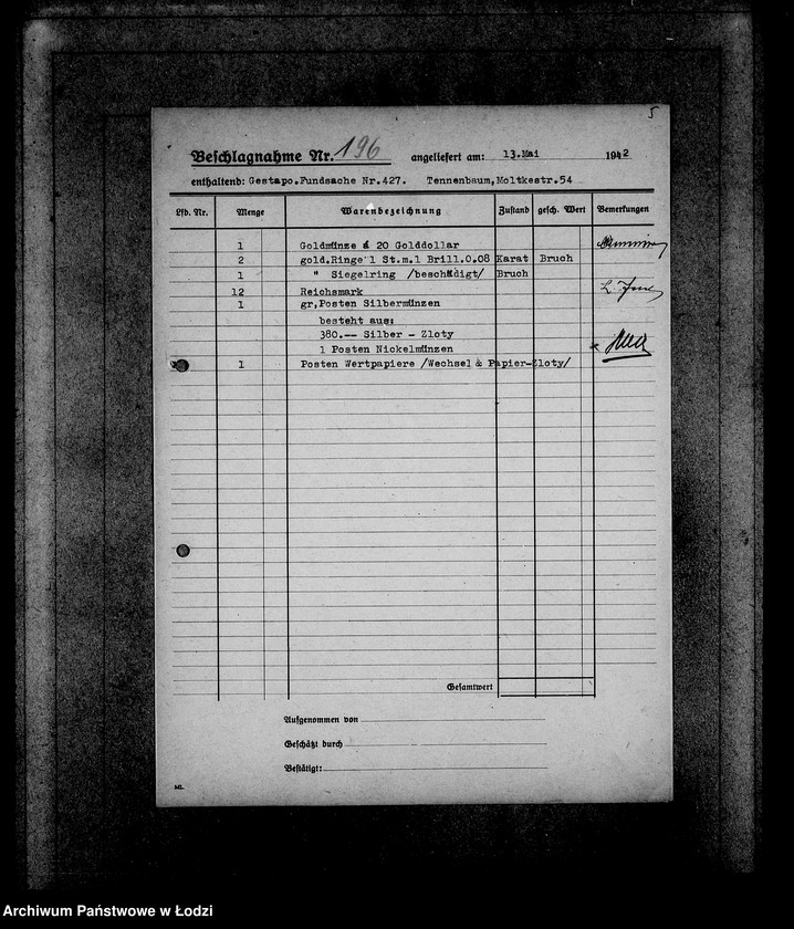 Obraz 9 z jednostki "Gestapo 1-200 [Kartoteka skonfiskowanego majątku ruchomego u Żydów]"