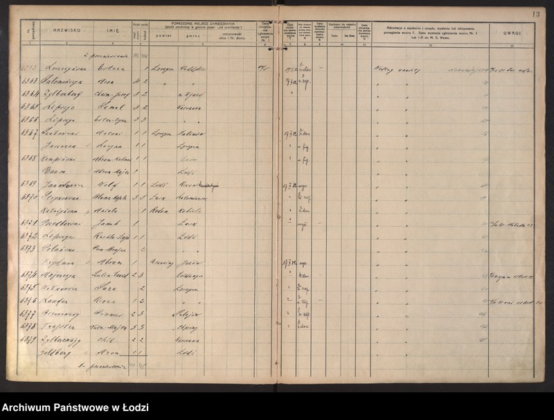 Obraz 16 z jednostki "Księga kontroli ruchu ludności (rejestr osób przybywających do gminy) Łódź, komisariat V, ks. III, nr 6198-7730"