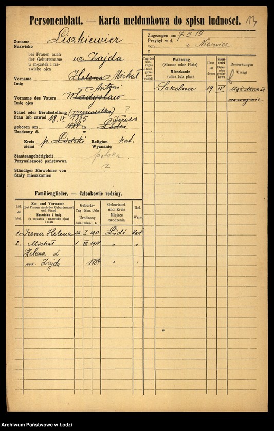 Obraz 15 z jednostki "[Spis ludności Łodzi] Liszkiewicz - Litke"