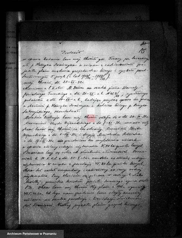 Obraz 19 z jednostki "Sprawa wyłączeń z art.. 4 ustawy z 28 XII 1925 r. i zatwierdzenie projektu planu gospodarczego dla lasu majątku Chocim powiat turecki"