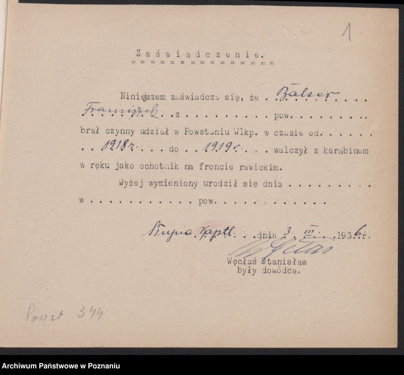 Obraz 4 z jednostki "Słupia Kapitulna, powiat Rawicz - indywidualne zaświadczenia o uczestnictwie w powstaniu."