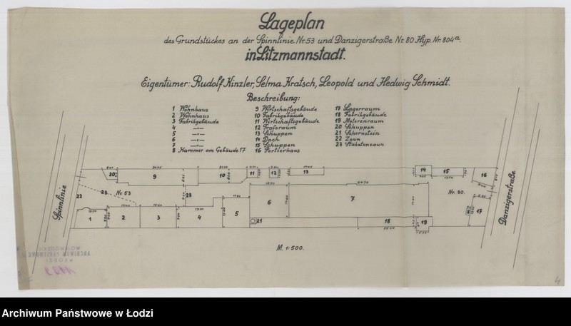 Obraz 1 z jednostki "Lageplan des Grundstückes an der Spinnlinie Nr 53 und Danzigerstraße Nr 80 Hyp. Nr 804a in Litzmannstadt"