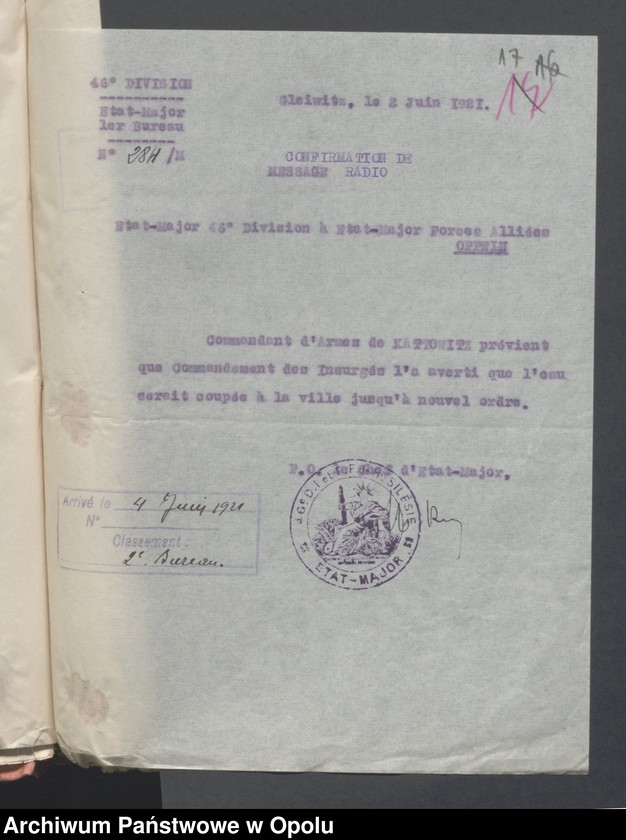 Obraz 19 z jednostki "Entrees-Pieces emanant des autorites Subordonnees-Evenements /Korespondencja od jednostek podległych w sprawie zdarzenia z miesiąca VI.1921/ 1-25.06.1921"