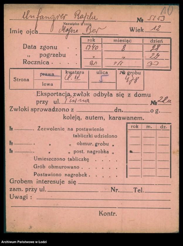 Obraz 11 z jednostki "Kartoteka osób pochowanych na cmentarzu żydowskim przy ulicy Brackiej w latach 1892-1944. Nazwiska na literę U"
