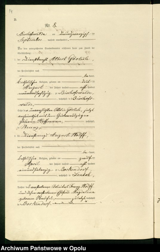 Obraz 18 z jednostki "Heiraths-Haupt-Register des Standsamts Bischofswalde pro 1900"