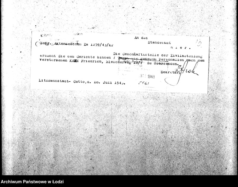 Obraz 16 z jednostki "[Korespondencja z Sądem w sprawach danych personalnych ludności getta (zmarłej)]"