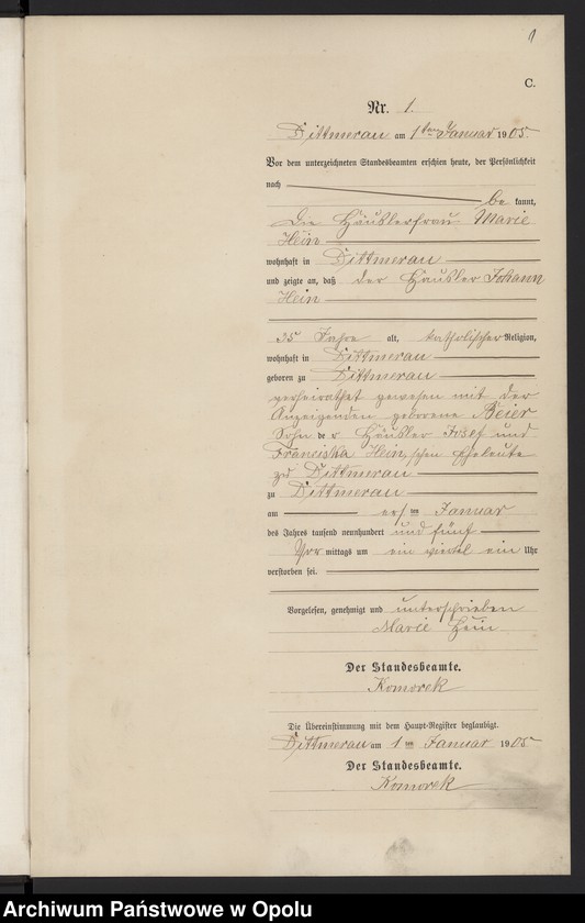 Obraz 5 z jednostki "Sterbe-Neben-Register Standesamts Dittmerau pro 1905"
