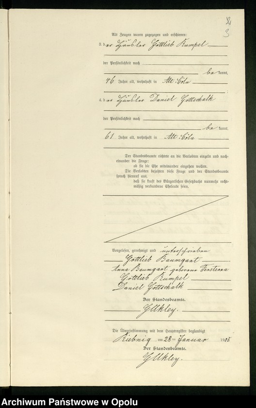 Obraz 6 z jednostki "Heiraths-Neben-Register Standes-Amt Riebnig 1905"