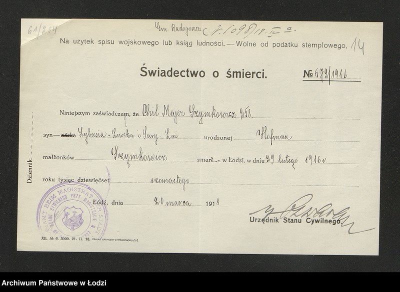 Obraz 16 z jednostki "Dowody metrykalne stałych mieszkańców osady Bałuty nr domu 61"