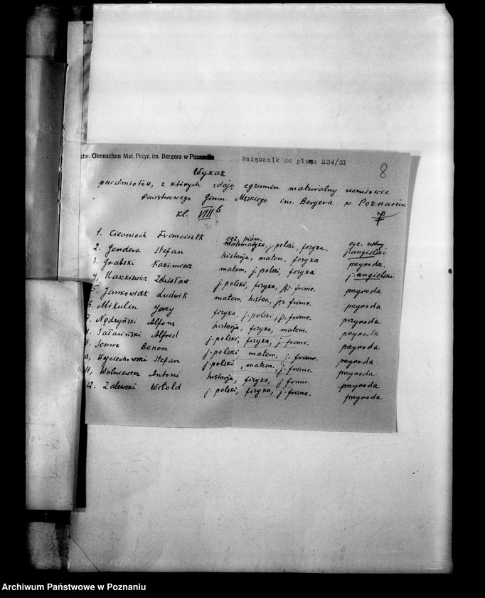 Obraz 12 z jednostki "Państwowe Gimnazjum imienia Bergera- Poznań [protokół egzaminu eksternistów i spisy abiturientów]"