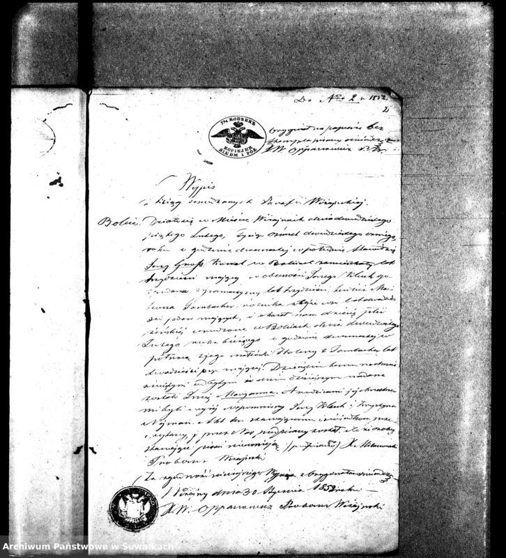 image.from.unit.number "Dowody do Aktów Małżeństw Parafij Ewangelickiej Wiżayny za rok 1852."