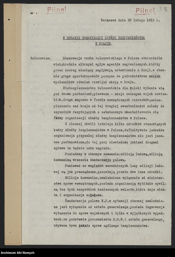 image.from.unit.number "Materiały dotyczące organizacji służby bezpieczeństwa (głównie Biura Wywiadowczego i żandarmerii) oraz memoriały i uwagi brytyjskiej misji policyjnej w sprawie reorganizacji polskiej"