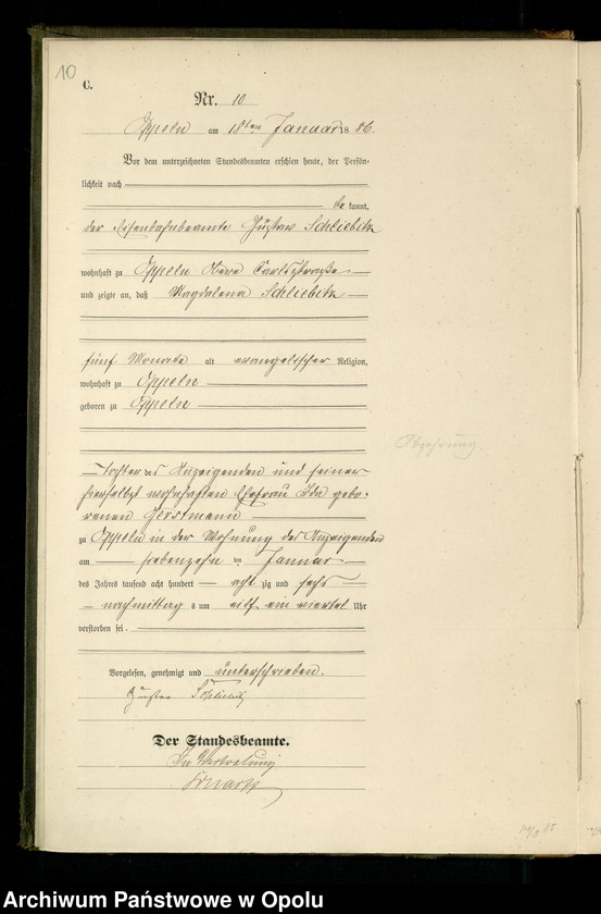 Obraz 13 z jednostki "Urząd Stanu Cywilnego w Opolu 1886 Rejestr zgonów Księga Miejscowa Nr 1 do 300"