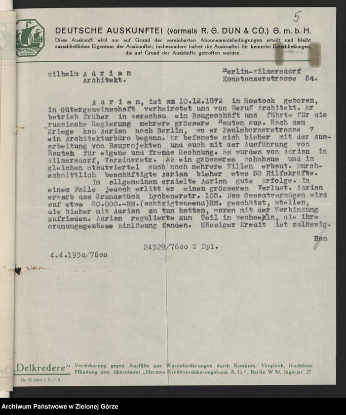 image.from.unit.number "[Informacja przemysłowo-handlowa agencji Deutsche Auskunftei z lat 1926-1932 dot. danych przedsiębiorstw korzystających z usług książęcego urzędu Budowlanego w Żaganiu]"