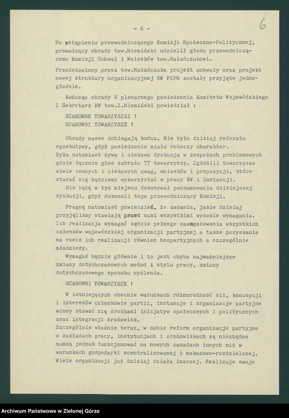 Obraz 8 z jednostki "Protokół z X plenarnego posiedzenia KW nt. Funkcjonowanie wojewódzkiej organizacji partyjnej w nowych warunkach politycznych. Załączniki. 14 kwietnia 1989"