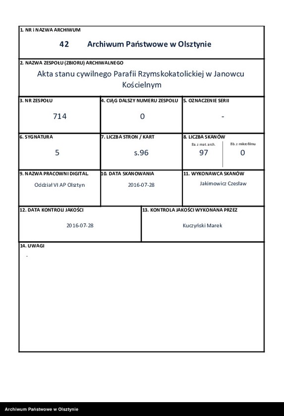 image.from.unit.number "Ta Księga duplikat zwana przeznaczona iest do zapisywania Metryk Kościelnych wraz z Aktami Cywilnemi Urodzenia Zaślubienia i Zeyścia w Parafii Janowieckiey Obwodzie Mławskiem Wojewodztwie Płockiem zaczynająca się od dnia 1-go Stycznia 1829 Roku i na tenże rok słuząca a to według Ustaw na Seymie w roku 1825 odprawionym Uchwalonych"