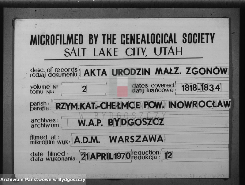 image.from.team "Akta metrykalne parafii rzymskokatolickiej w Chełmcach, pow. Inowrocław"