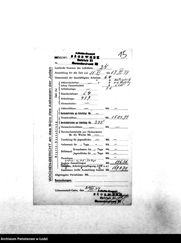 Obraz 18 z jednostki "[Tygodniowe sprawozdania resortów pracy: liczba pracowników, czas pracy, wysokość płacy]"