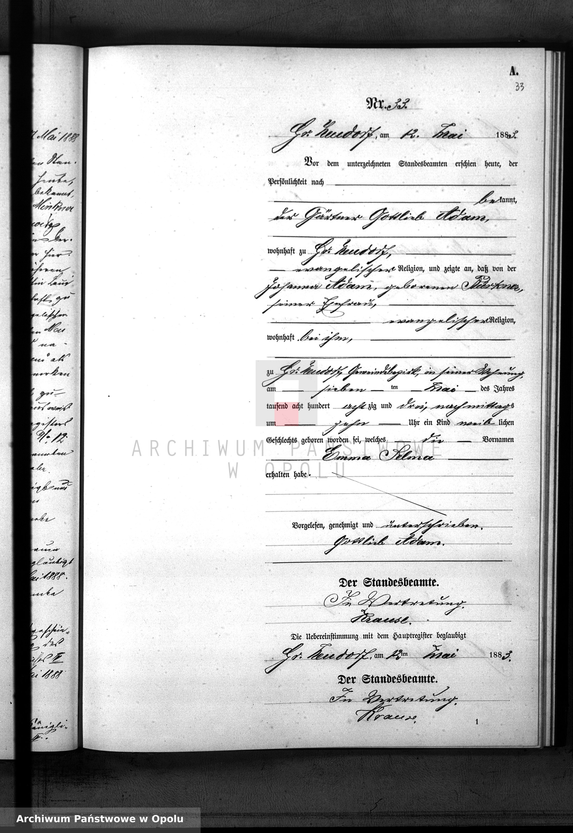 Skan z jednostki: Geburts-Neben-Register Standes-Amt Gross Neudorf 1883