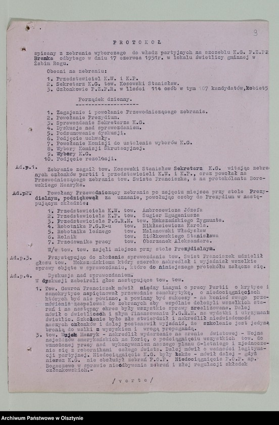 image.from.unit.number "Protokoły zebrań wyborczych /1950-1951/, posiedzeń plenarnych, egzekutywy, narad aktywu partyjnego, plany pracy, sprawozdania, ankiety sprawozdawcze /1949-1954/ Komitetu Gminnego PZPR"