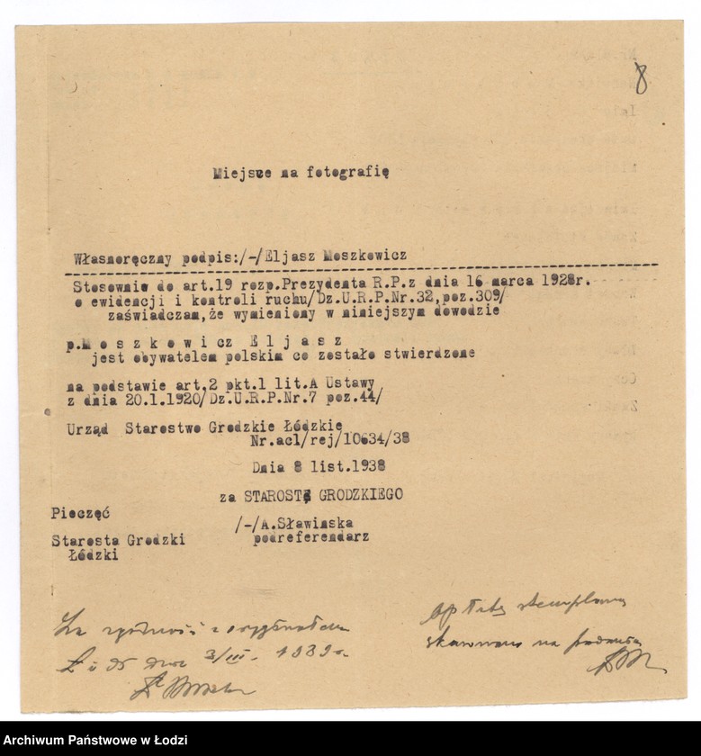 Obraz 11 z jednostki "Moszkowicz Eliasz - felczer - akta rejestracyjne"