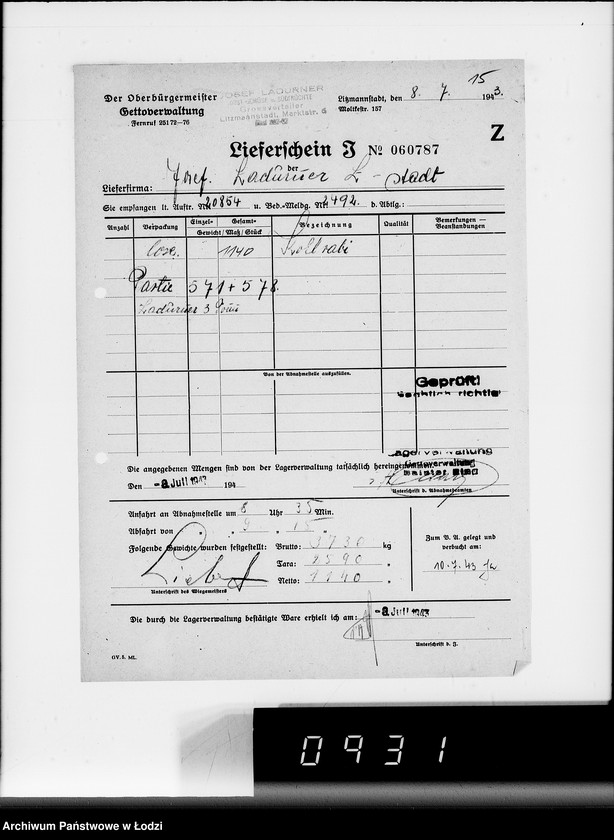 Obraz 19 z jednostki "Lebensmitteleinkauf, Aufträge, Lieferscheinen und Rechnungen 20832-20856 [Dostawa warzyw do Getta]"